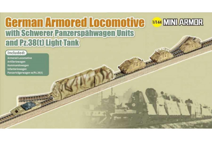Model Kit military 14151 - German Armored Locomotive with Schwerer Panzerspähwagen Units and Pz.38(t) Light Tank (1:144)